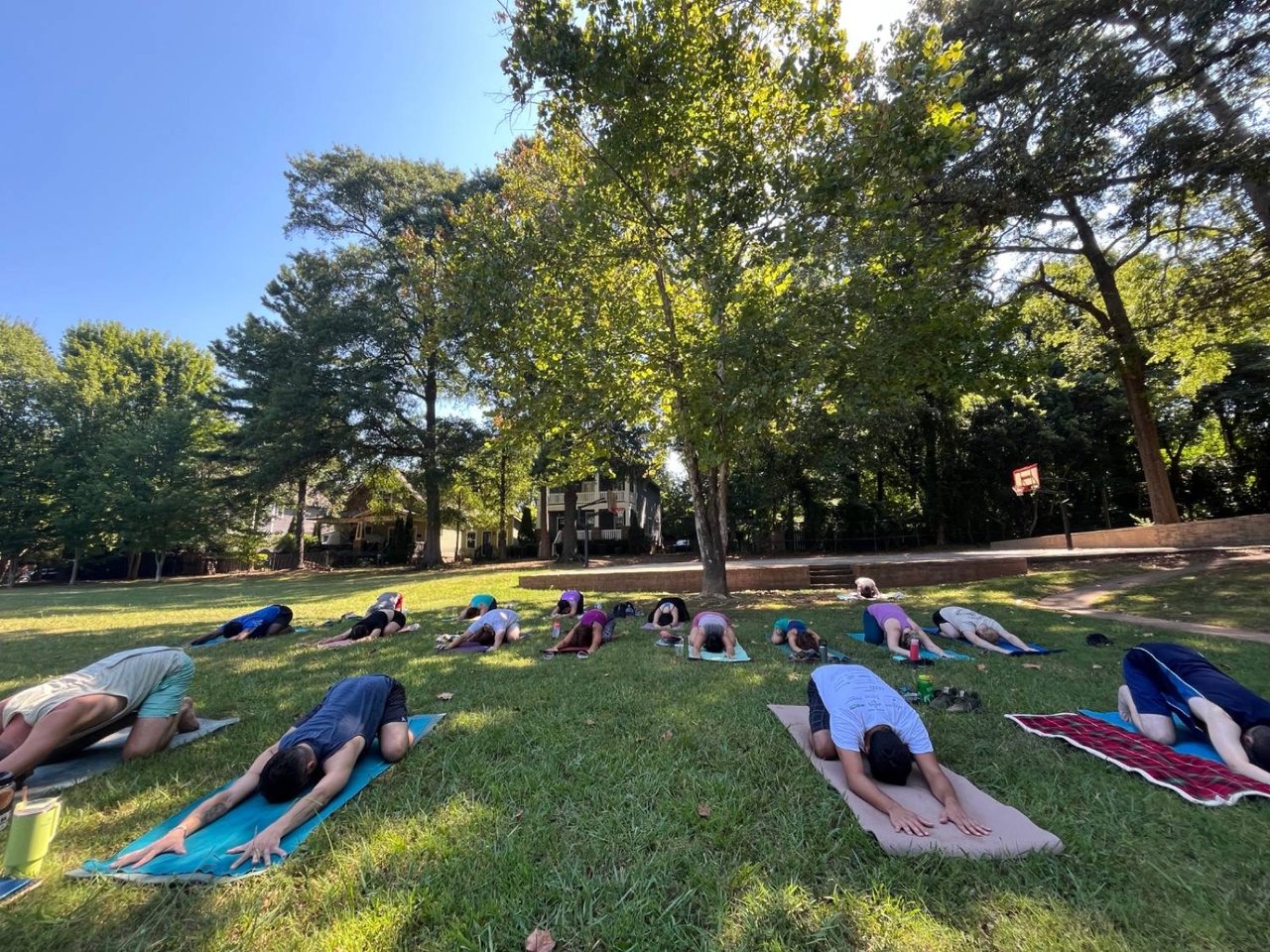 Kelly's outdoor class resting in child's pose on mats under tall trees on a summer morning.