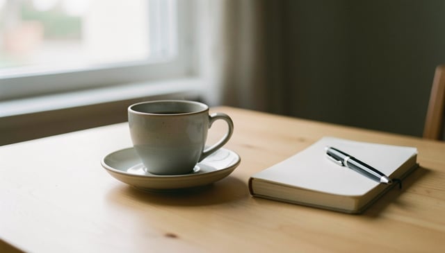 A coffee cup on a wooden table beside a notebook, served at the size and format shown in the link above